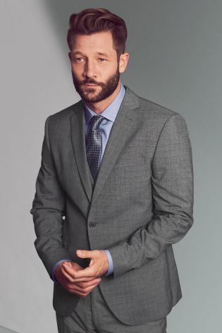 Light Grey Textured Tailored Fit Suit: Jacket